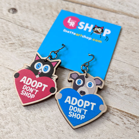 Adopt Don't Shop cat and dog wood charm earrings