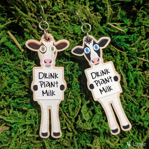 Drink plant milk cow wood charm earrings