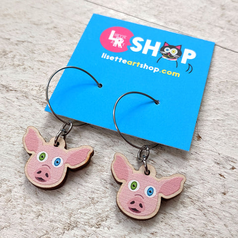 Cute pig wood charm earrings