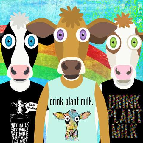 3 Illustrated cow wearing new drink plant milk shirt designs