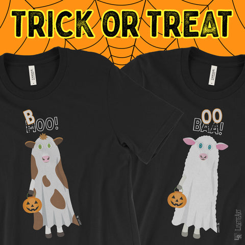 Trick or Treat Cow and Sheep Ghost Black Tees