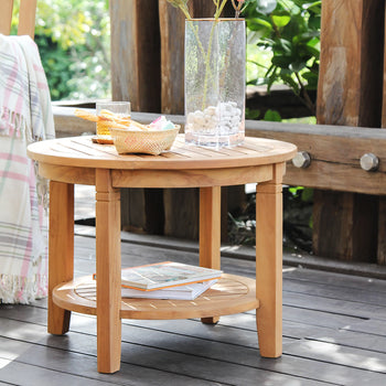 richmond teak wood 24 inch outdoor side table with shelf