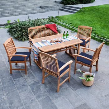 Caterina Teak Wood 6 Piece Outdoor Dining Set with Navy Cushion