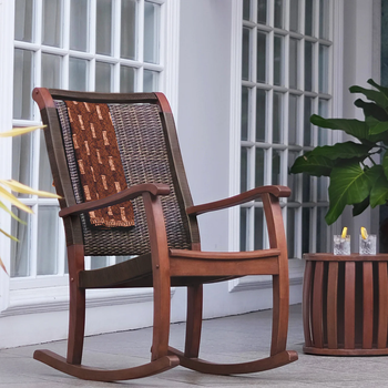 Mahogany Wood Brown Wicker Porch Rocking Chair