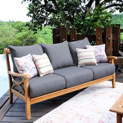 teak wood outdoor loveseat with grey cushion