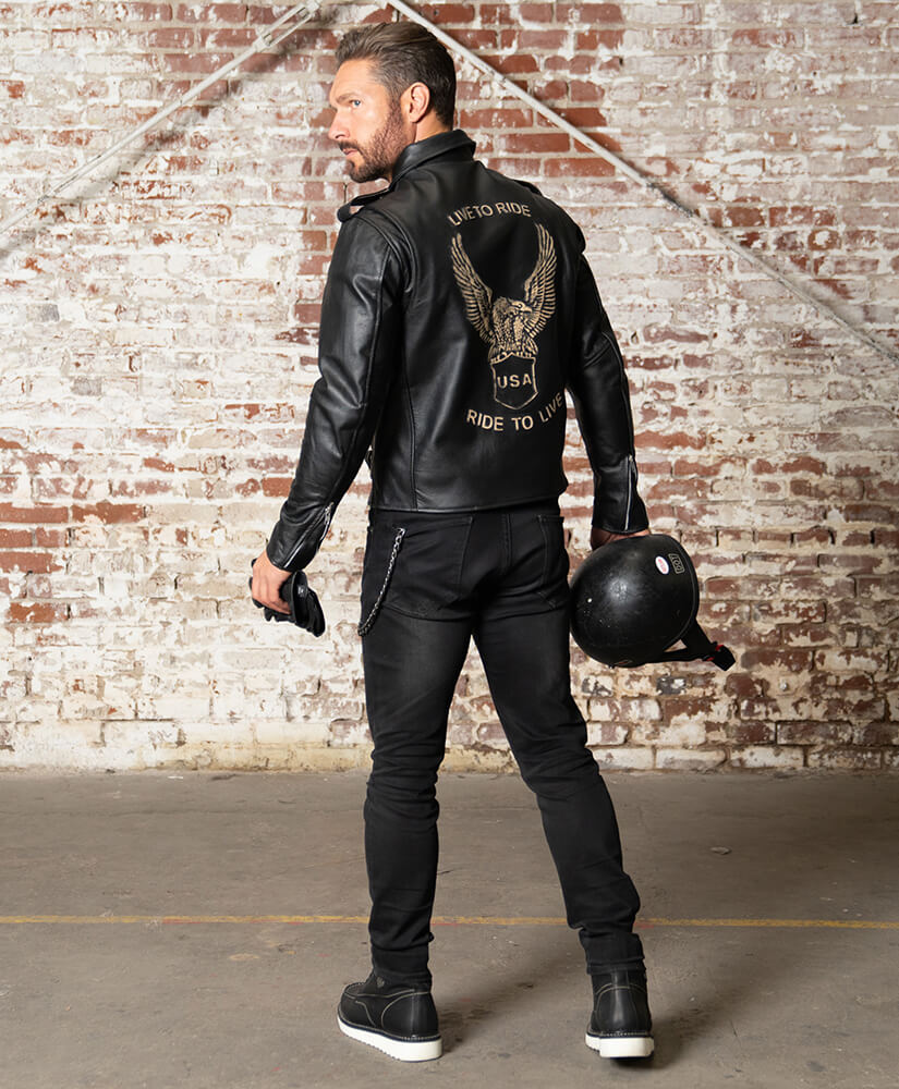 Men's Denim Biker Motorcycle Jacket Black Real Leather Sleeves like HD Style