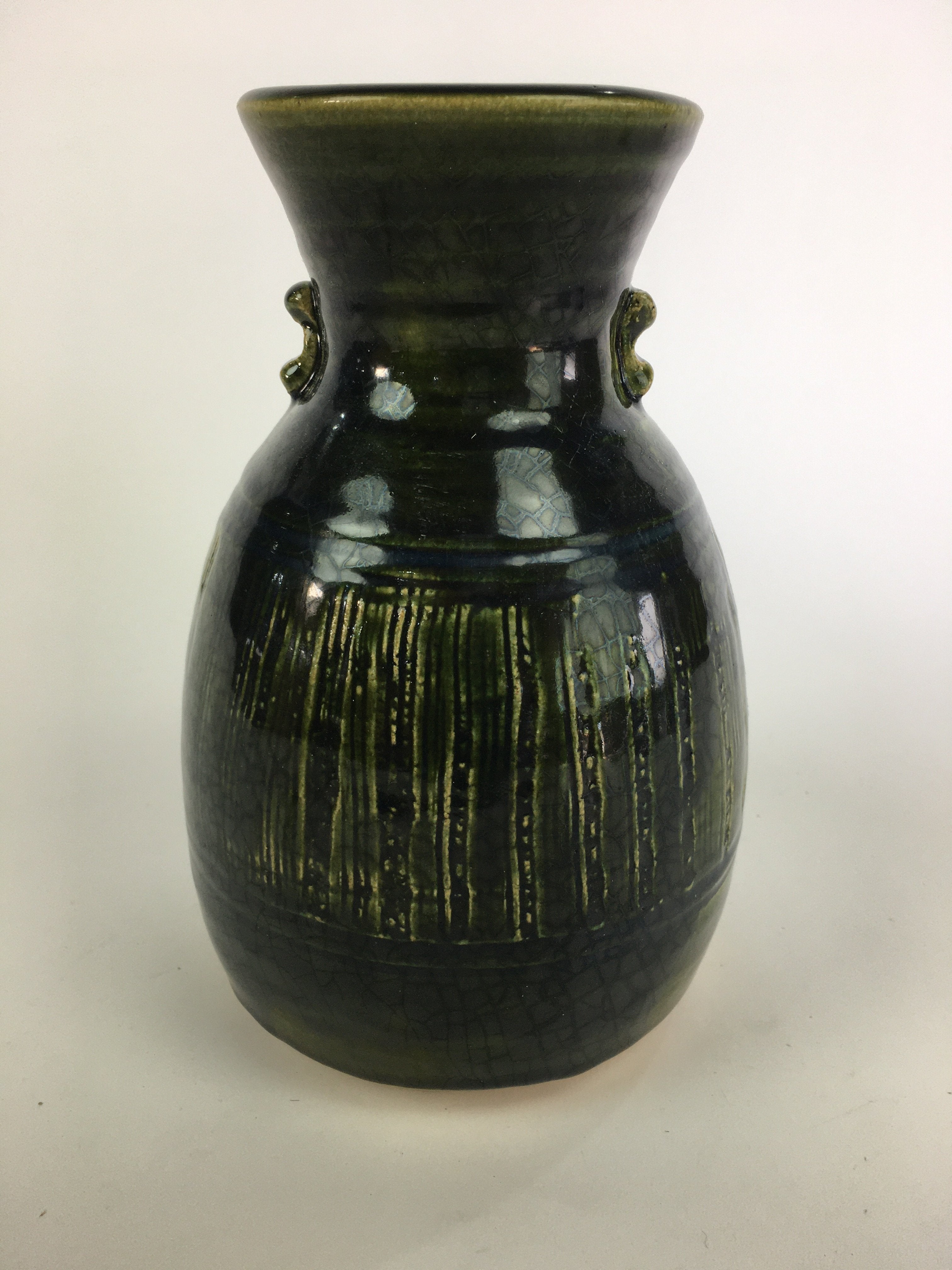 Japanese Ceramic Oribe Ware Flower Vase Vtg Kabin Pottery Ikebana FV909