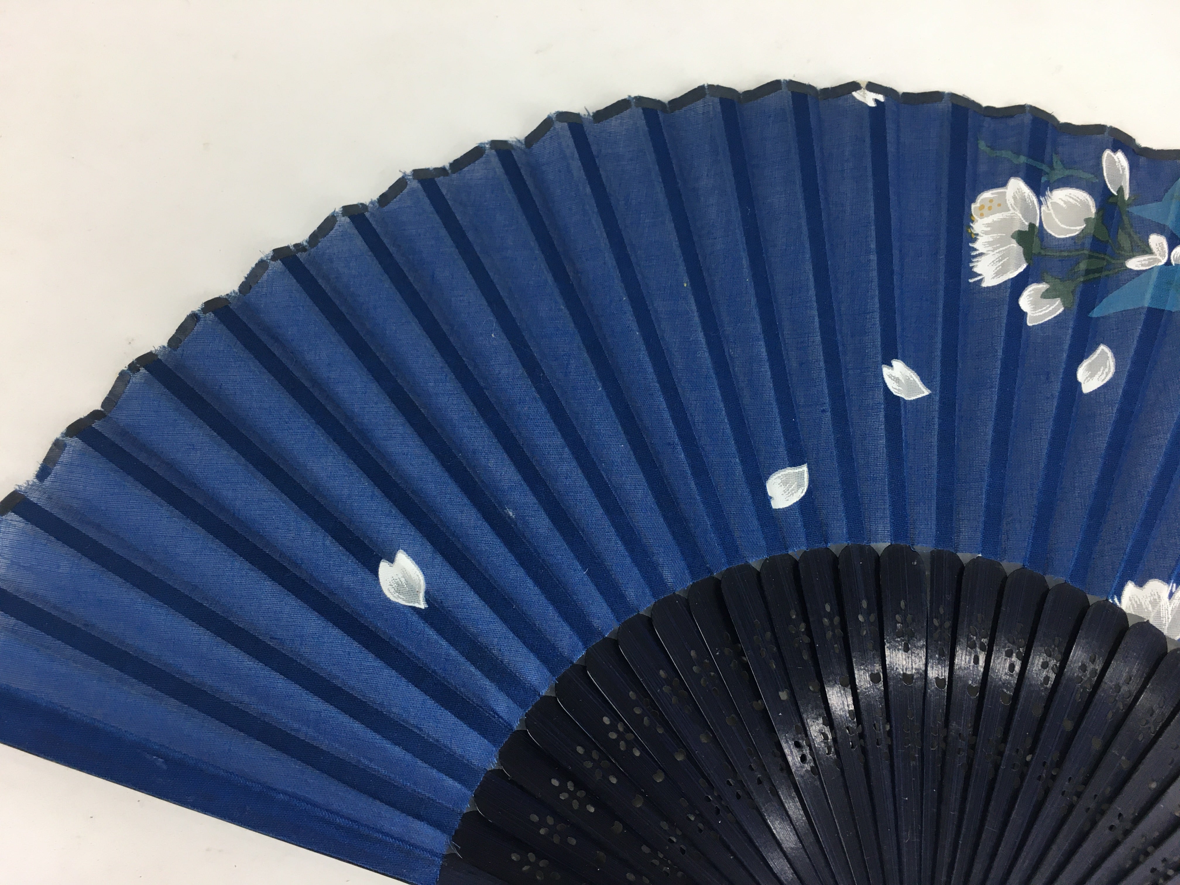 Japanese Folding Fan Vtg Sensu Navy Fabric Bamboo Frame White Flower 4 Online Shop Authentic