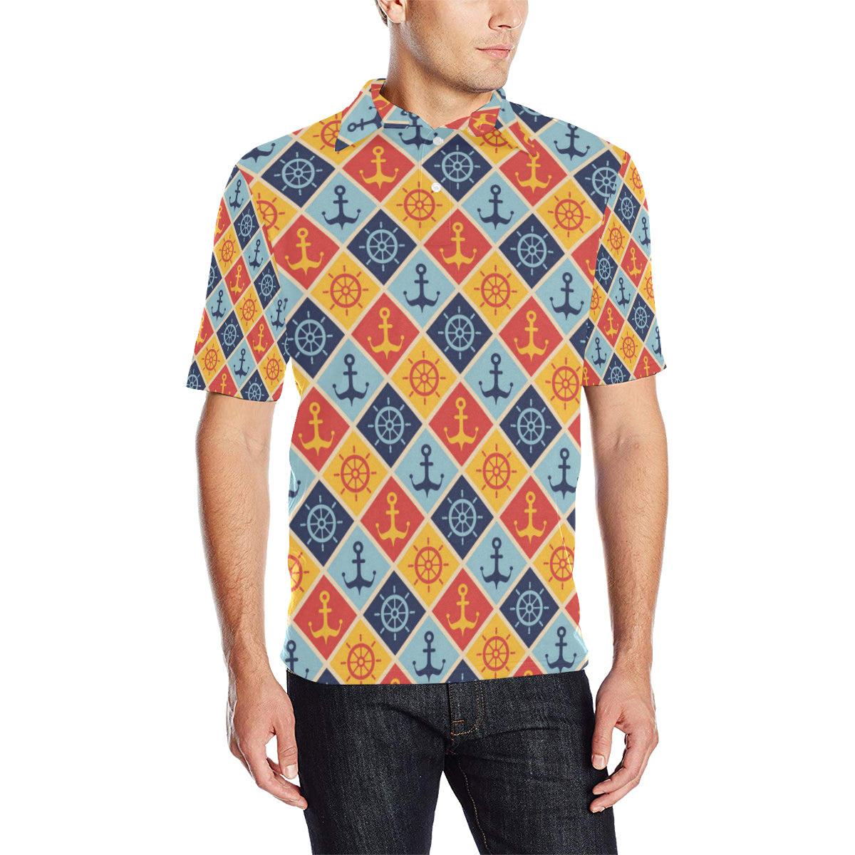 Nautical Pattern Design Themed Print Men Polo Shirt - JTAMIGO.COM