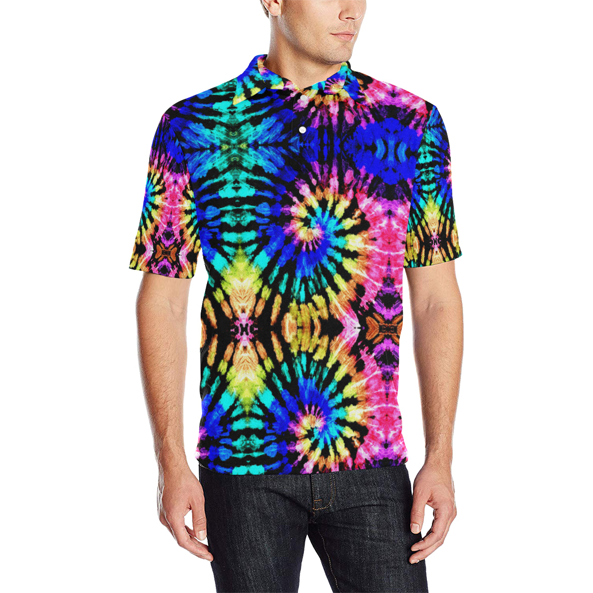 Tie Dye Rainbow Design Print Men Polo Shirt - JTAMIGO.COM