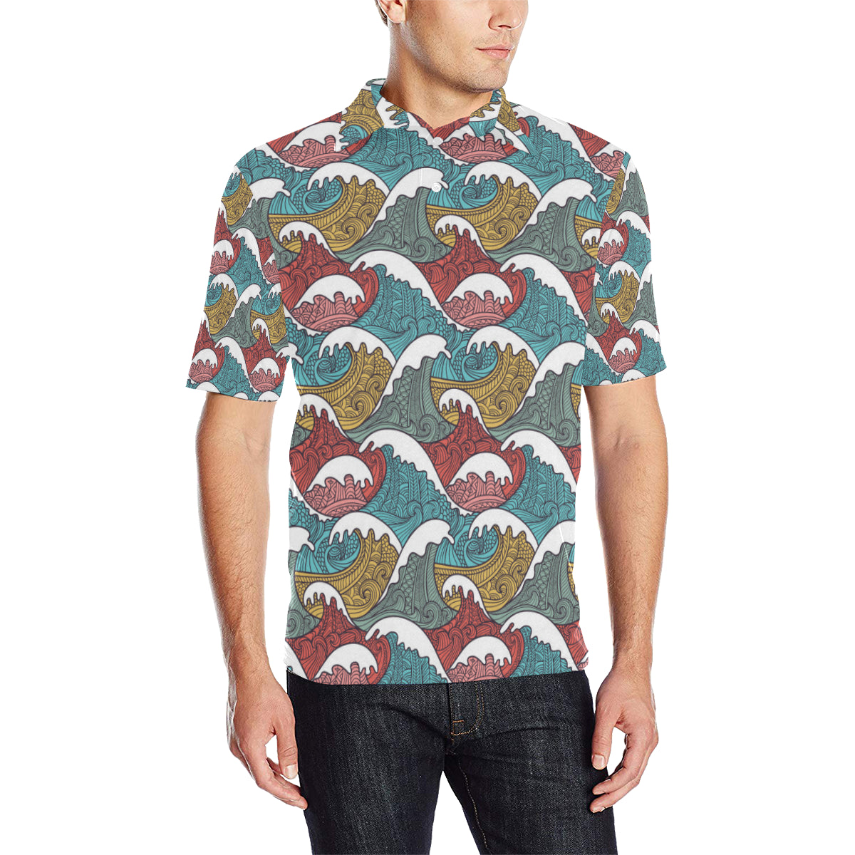 Tribal Wave Pattern Print Men Polo Shirt - JTAMIGO.COM