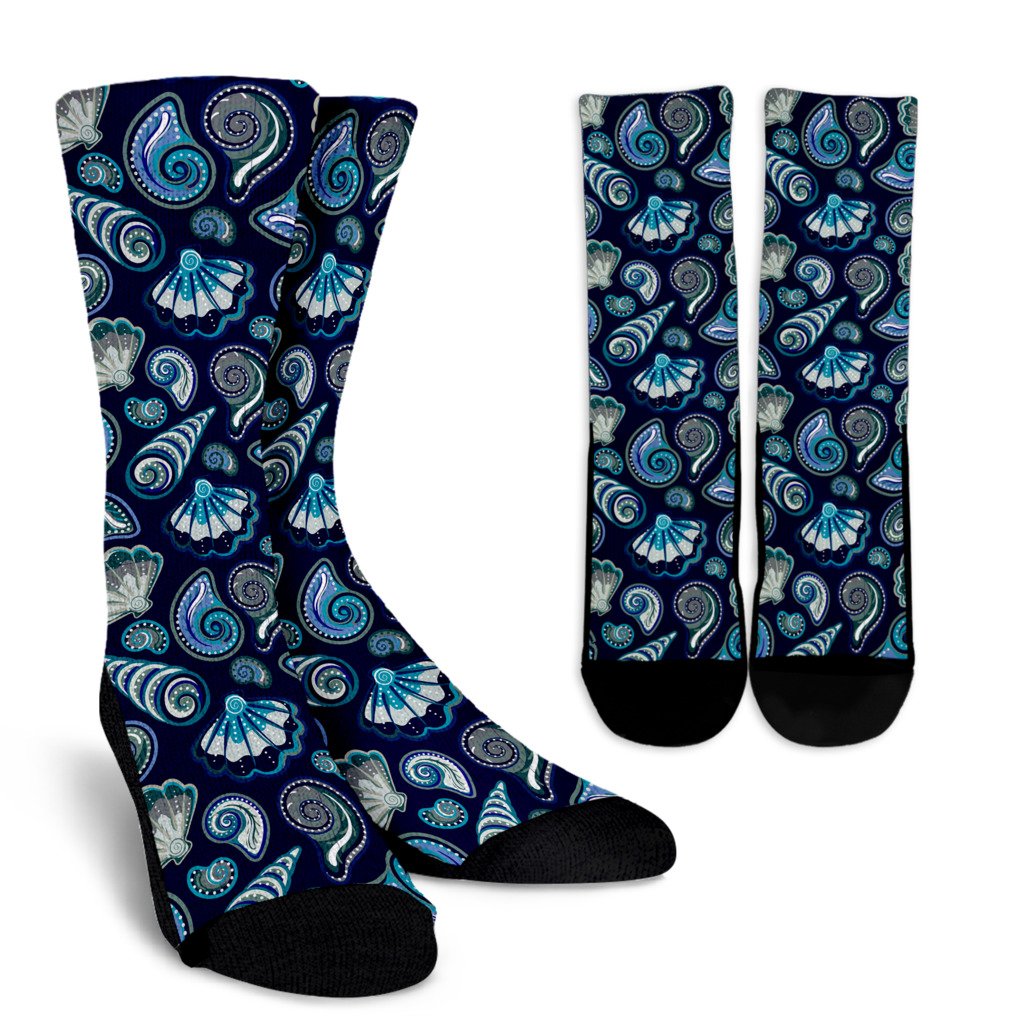 Beach Seashell Blue Print Crew Socks - JTAMIGO.COM