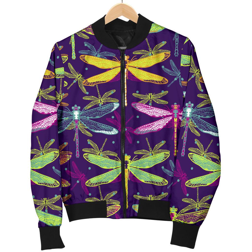 Dragonfly Neon Color Print Pattern Women's Bomber Jacket - JTAMIGO.COM