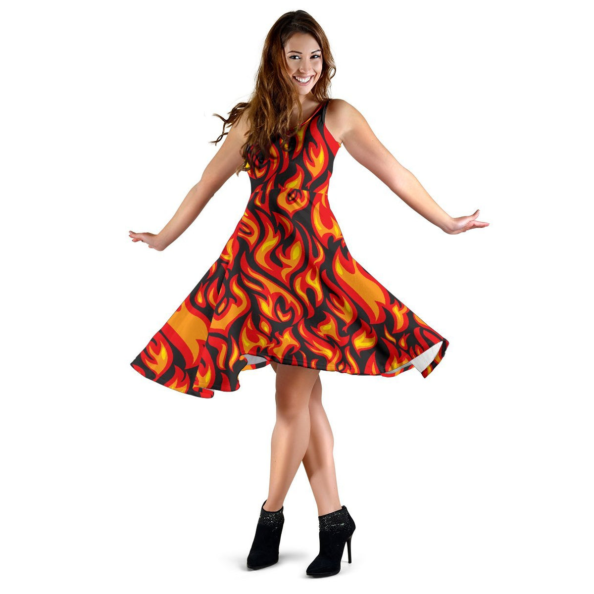 Flame Fire Print Pattern Sleeveless Dress - JTAMIGO.COM