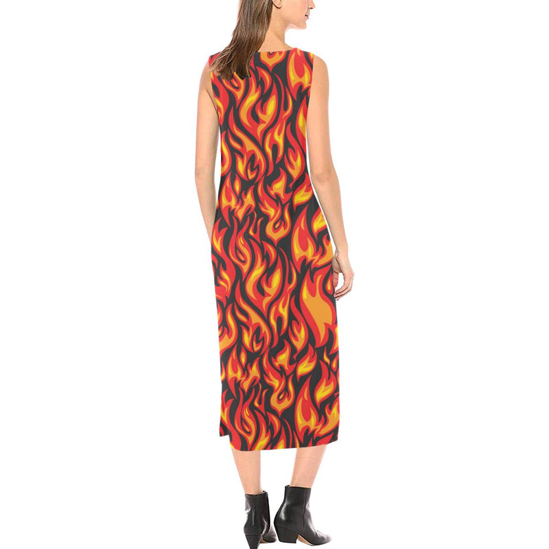 Flame Fire Print Pattern Sleeveless Long Dress - JTAMIGO.COM