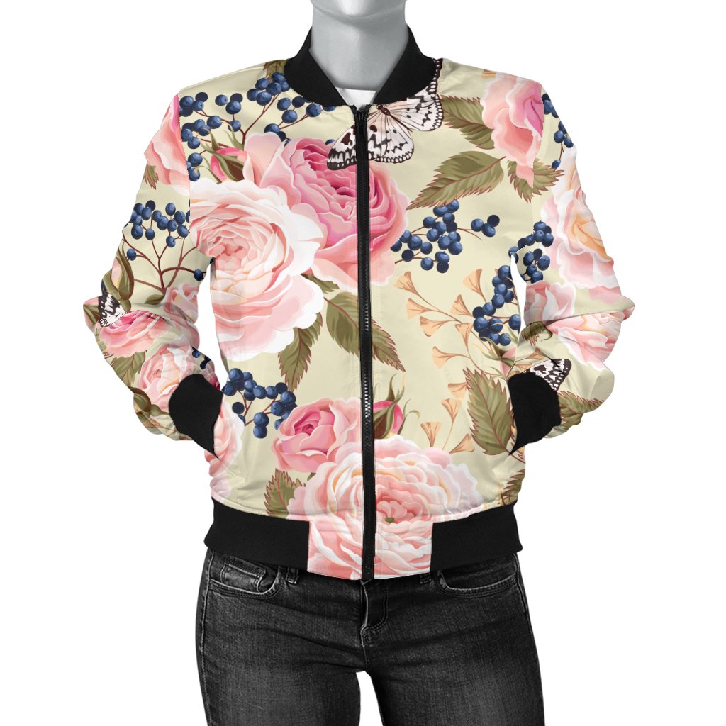 Floral Pink Butterfly Print Women's Bomber Jacket - JTAMIGO.COM