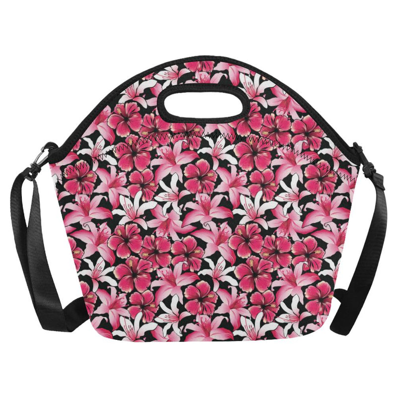 Flower Hawaiian Pink Red Hibiscus Print Neoprene Lunch Bag - JTAMIGO.COM