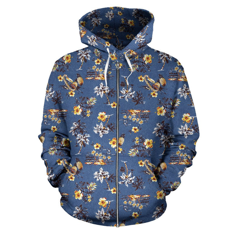 Hawaiian Flower Blue Print Zip Up Hoodie - JTAMIGO.COM