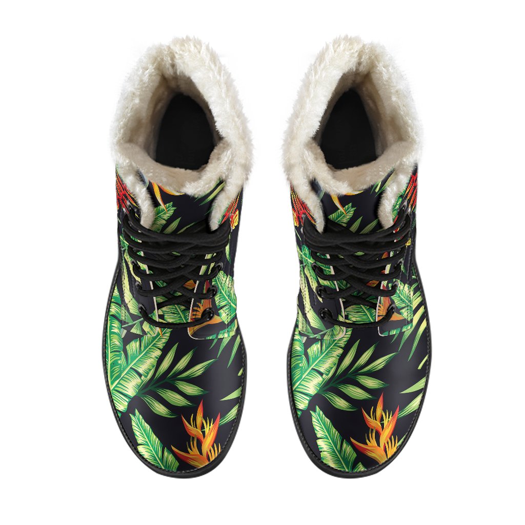 Hawaiian Flower Tropical Palm Leaves Faux Fur Winter Leather Boots ...