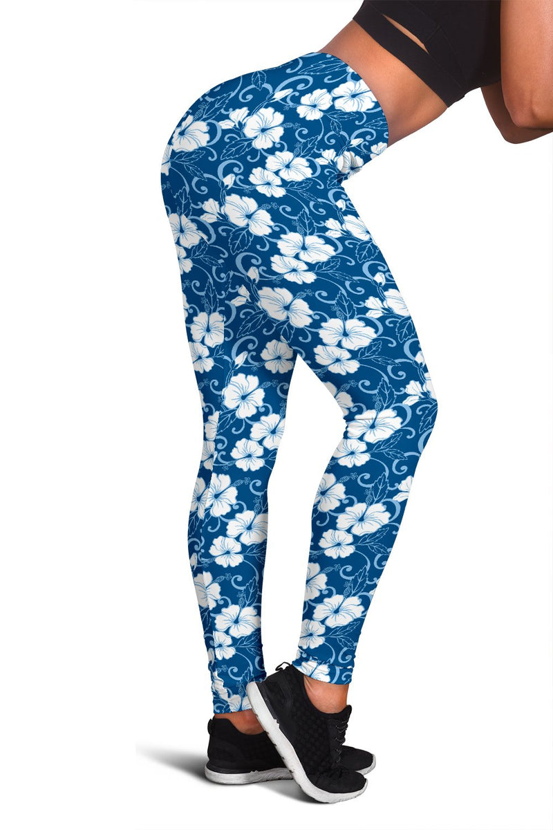 Hibiscus Blue Flower Hawaiian Print Women Leggings - JTAMIGO.COM