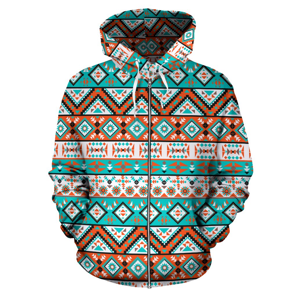 Navajo Style Print Pattern Zip Up Hoodie - JTAMIGO.COM