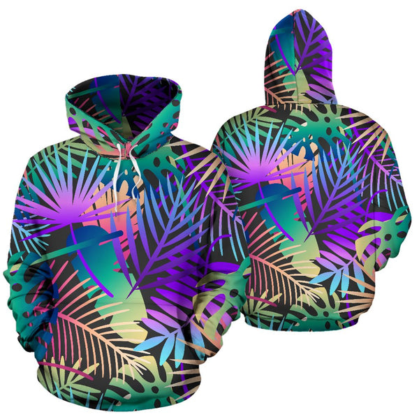 Neon Flower Tropical Palm Leaves Pullover Hoodie - JTAMIGO.COM