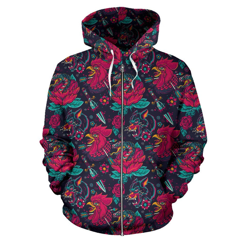 Old School Tattoo Print Zip Up Hoodie - JTAMIGO.COM