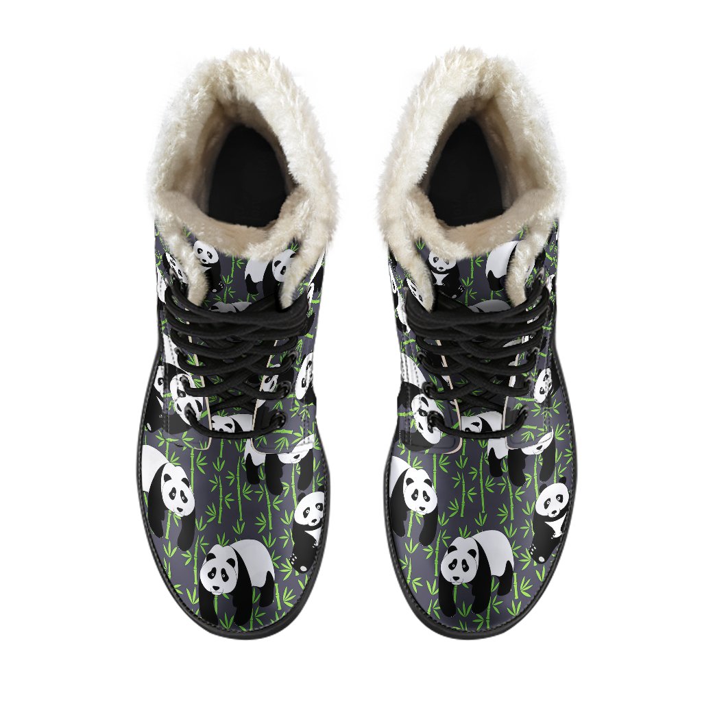 Panda Bear Bamboo Themed Print Faux Fur Winter Leather Boots - JTAMIGO.COM