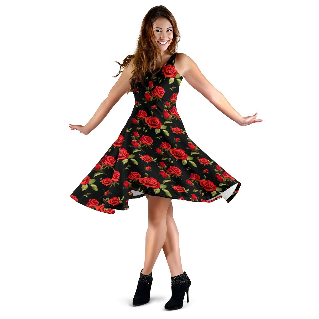 Red Rose Themed Print Sleeveless Dress - JTAMIGO.COM