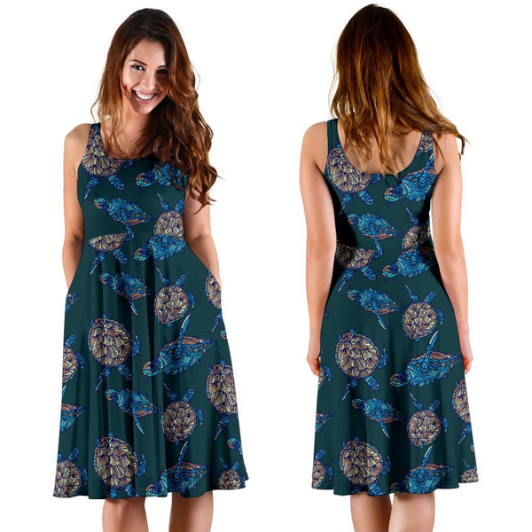 Sea Turtle Hand Drawn Blue Print Sleeveless Dress - JTAMIGO.COM