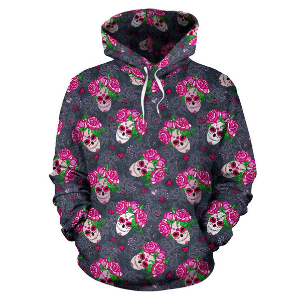 Sugar Skull Pink Rose Themed Print Pullover Hoodie - JTAMIGO.COM
