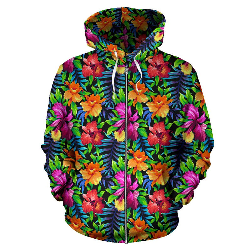 Tropical Flower Colorful Print Zip Up Hoodie - JTAMIGO.COM