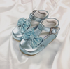 Girls Glitter Blue Leather Bow Shoes - Huntleys Shoes