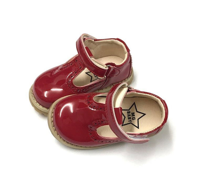 red patent t bar shoes