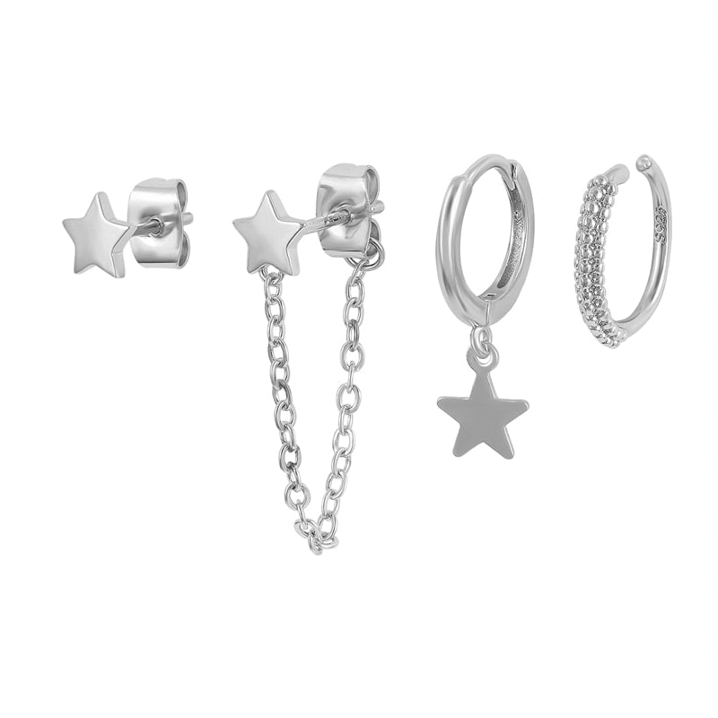 Set de boucles d'oreilles en argent 925 pour femmes - étoile et lune, et clip Huggie - Boucles d'oreilles. Bijoux de piercing. Boucles d'oreilles tendance.