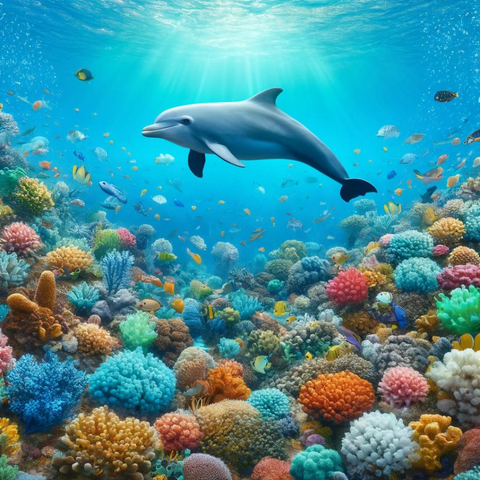 Shore Buddies Finn the Dolphin in coral reef.png