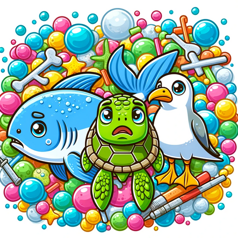 A cartoon style illustration of a fish, a turtle, and a seabird - looking worried