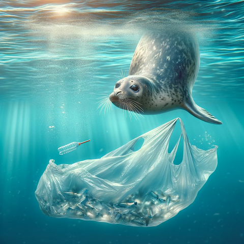 Shore Buddies Sammy the Seal swimming with plastic bags in the ocean.png