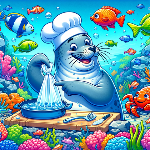 Sammy the Seal gourmet chef with ocean plastic bag