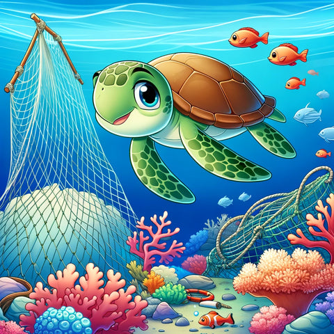 Shore Buddies Shelly the Sea Turtle floating with ghost nets cartoon.png