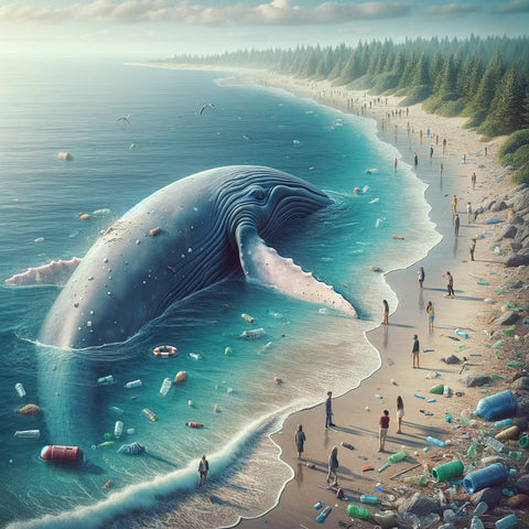 An AI generated image of a beached whale due to Ocean Plastic Pollution.png