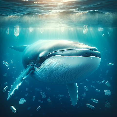 A whale swimming in the ocean and is surrounded by ocean plastic.png