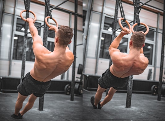 athlete does biceps curls on rings