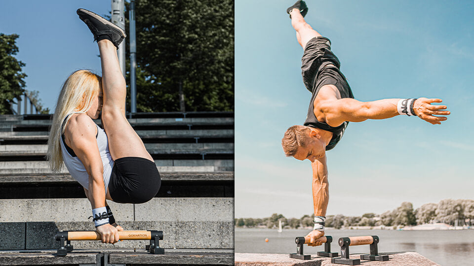 athlete holding a one arm handstand and female athlete holding a v-sit