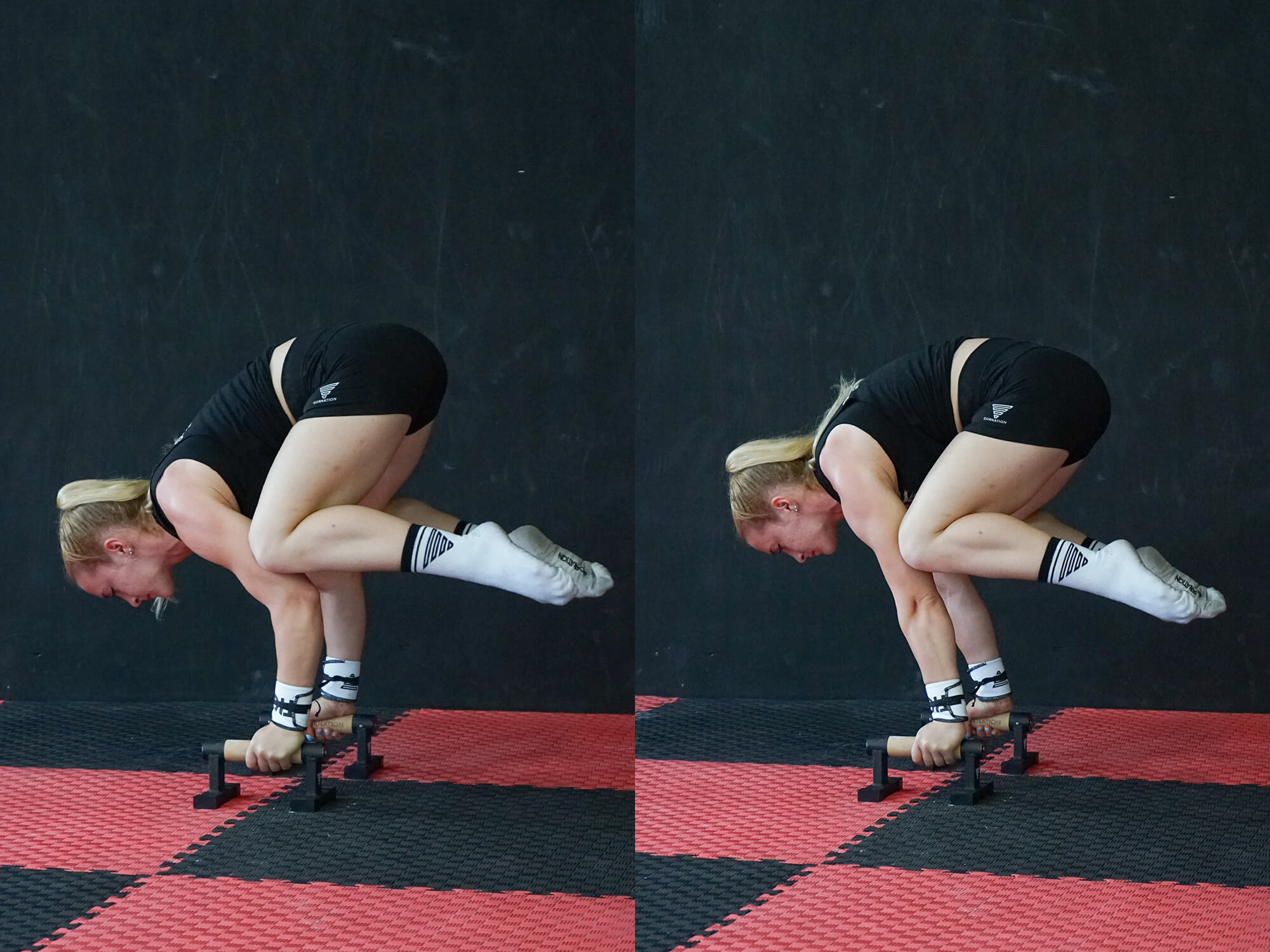 women doing frog stand on push up bars