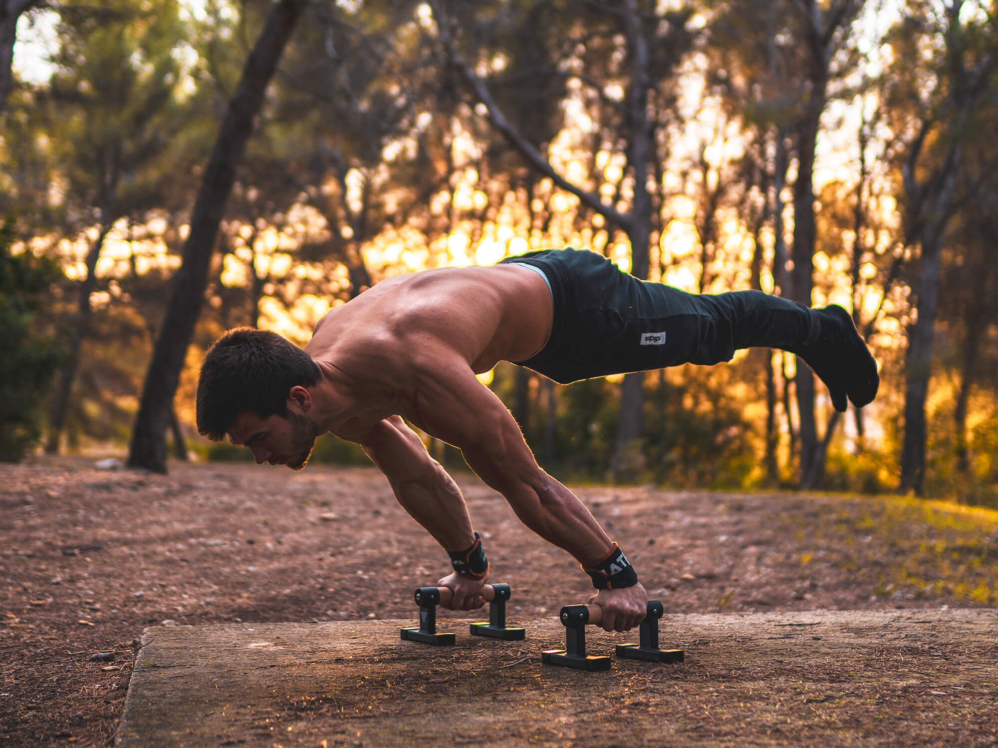 athlete holding a full planche on parallettes