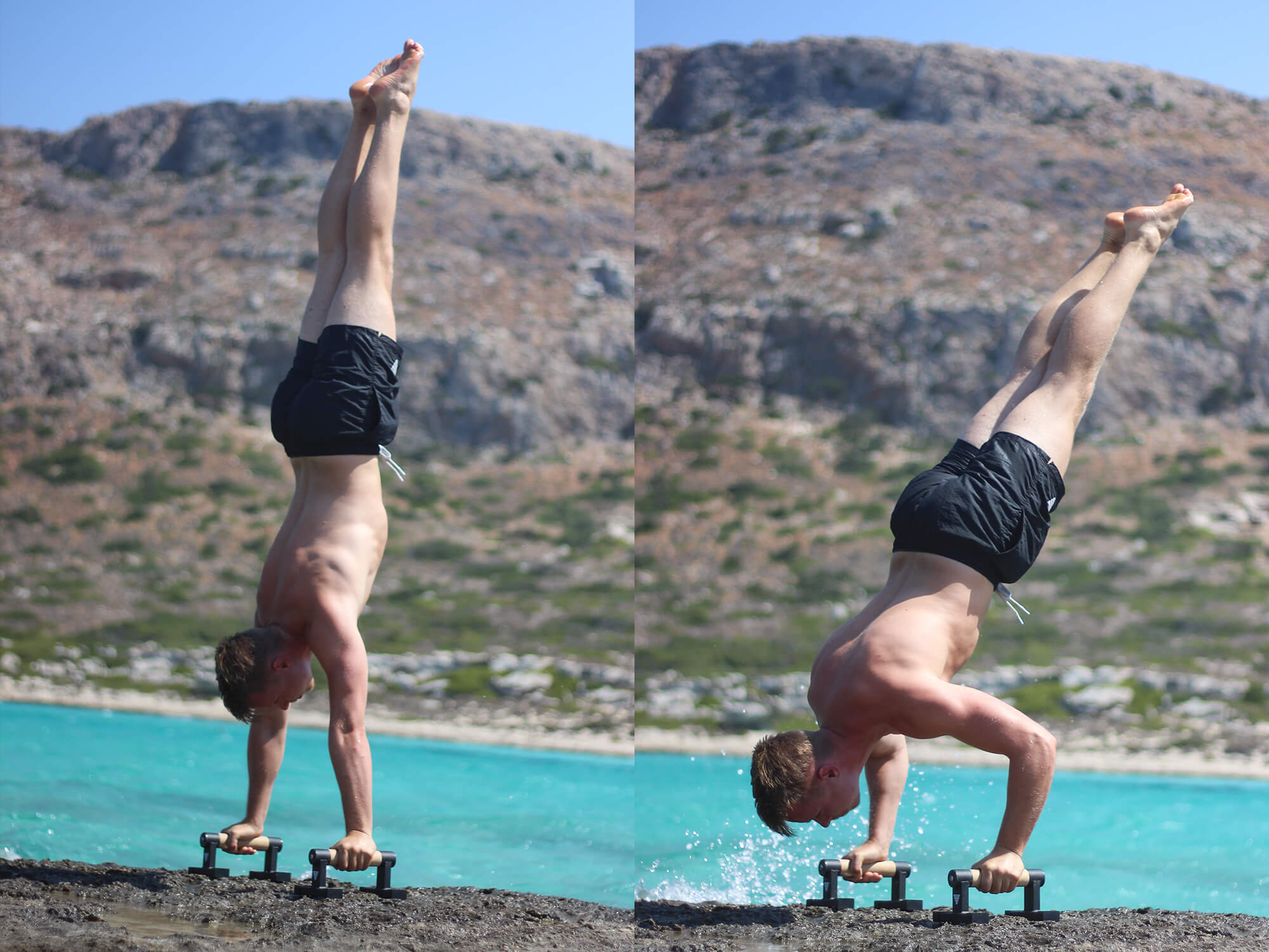 athlete performing handstand push ups on parallettes