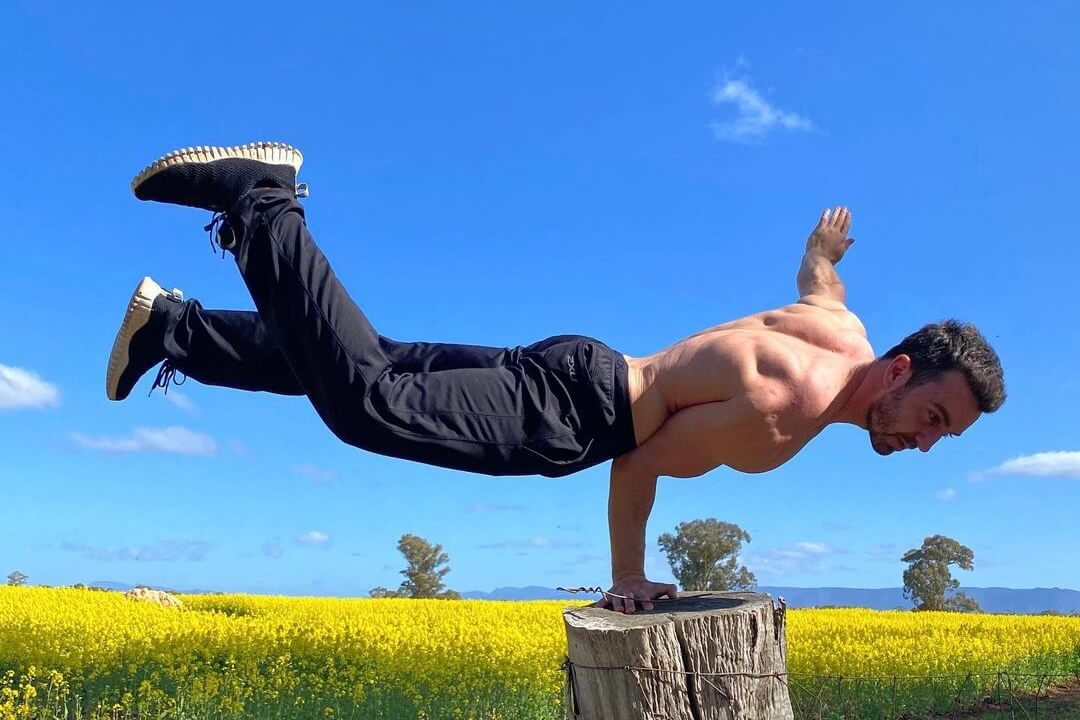 street workout athlete is performing skills on the nature