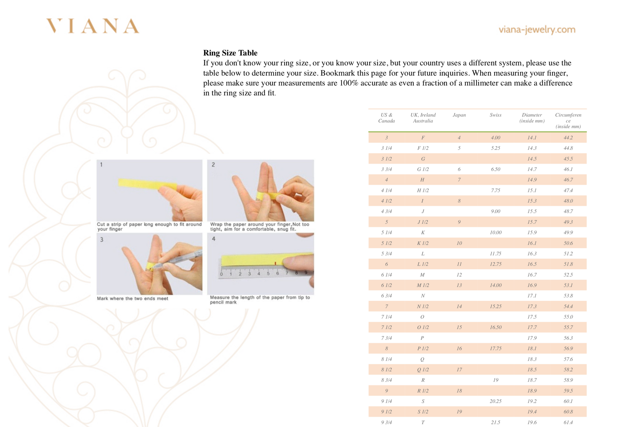 Viana Jewelry Sizing Chart