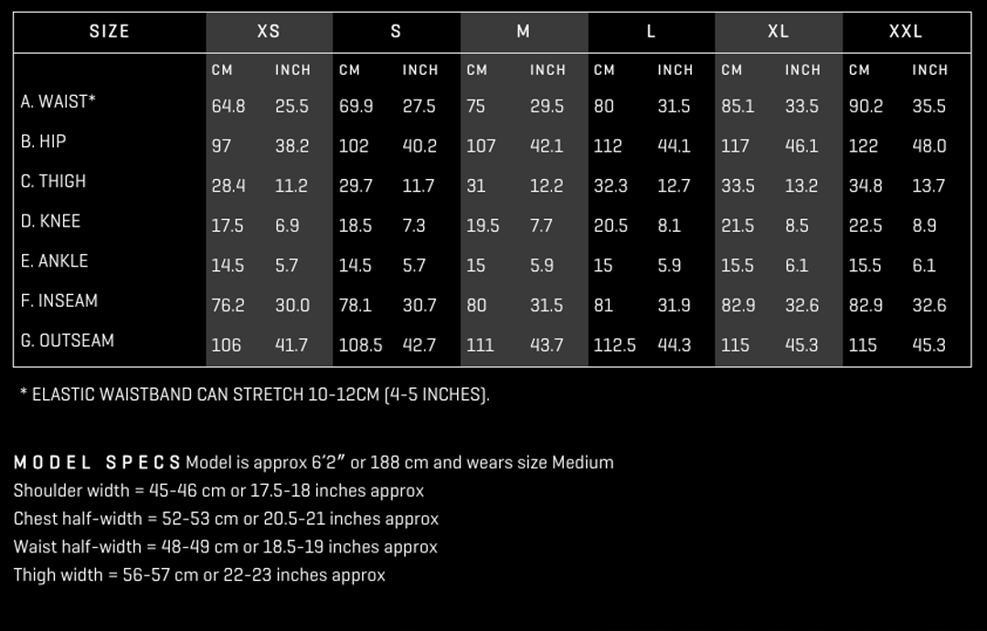 walter sky joggers fitting chart